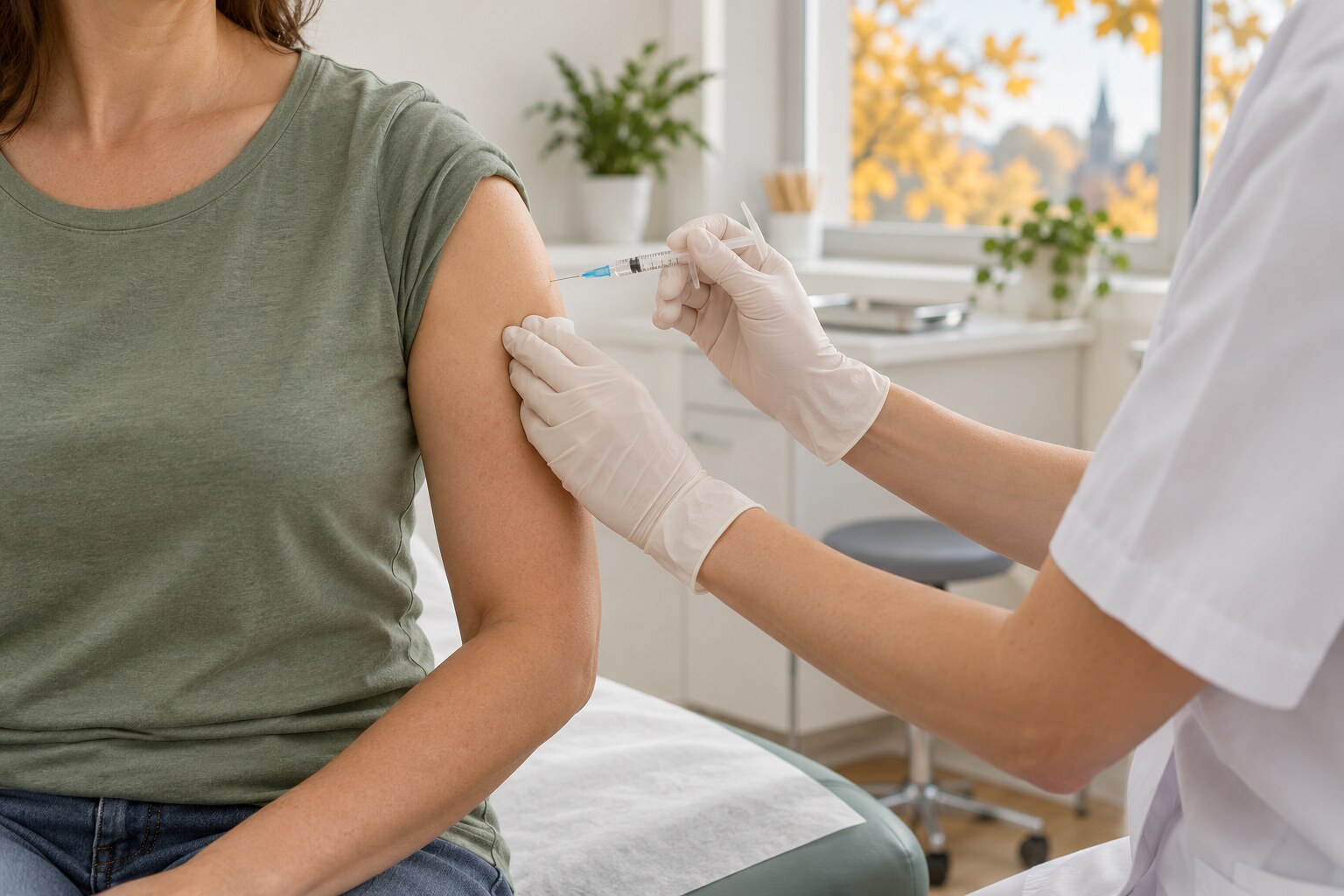Dospělý pacient v zeleném tričku dostává v klidné ordinaci očkování do horní části paže od zdravotníka v rukavicích