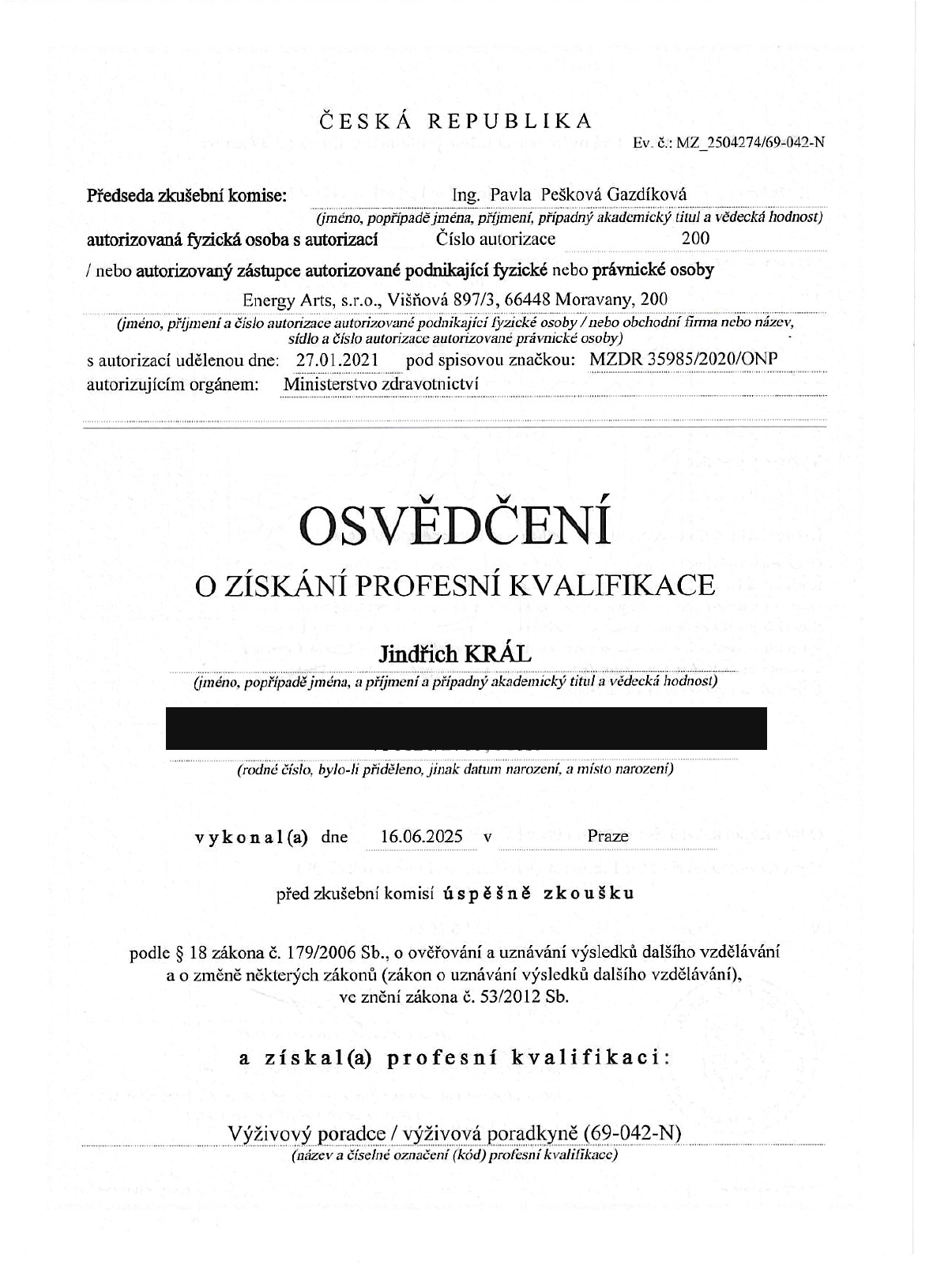 Redigované osvědčení o profesní kvalifikaci Výživový poradce